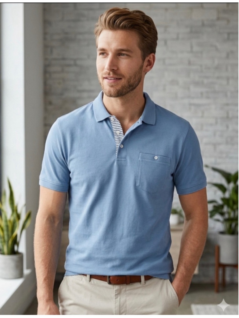 Men's Denim & Flower Blue Polo Shirt with Striped Collar, Size L